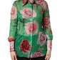 Green CarnationPrint Silk Collared Blouse Top
