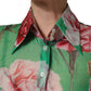 Green CarnationPrint Silk Collared Blouse Top