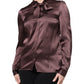 Violet Satin Long Sleeve Ascot Tie Shirt  Top