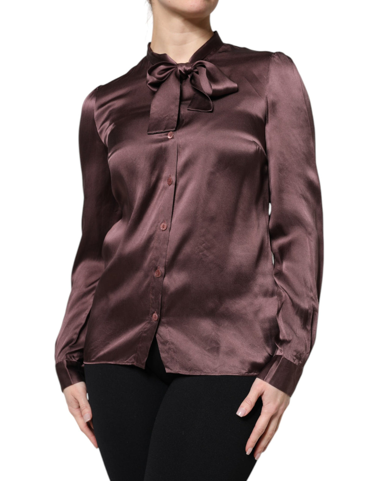 Violet Satin Long Sleeve Ascot Tie Shirt  Top