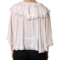 White LongSleeve Lace Trim Ruffled Blouse Top