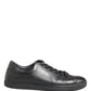 Black Leather Low Top Lace Up Sneakers Shoes