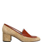 Beige Leather Suede Block Heel Loafers Shoes