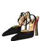Black Satin Floral Ankle Strap Sandals Shoes