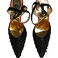 Black Satin Floral Ankle Strap Sandals Shoes
