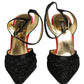 Black Satin Floral Ankle Strap Sandals Shoes