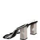 Silver Black Leather Block Heels Sandals Shoes