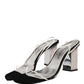 Silver Black Leather Block Heels Sandals Shoes