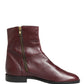 Maroon Leather Flats Biker Ankle Boots Shoes