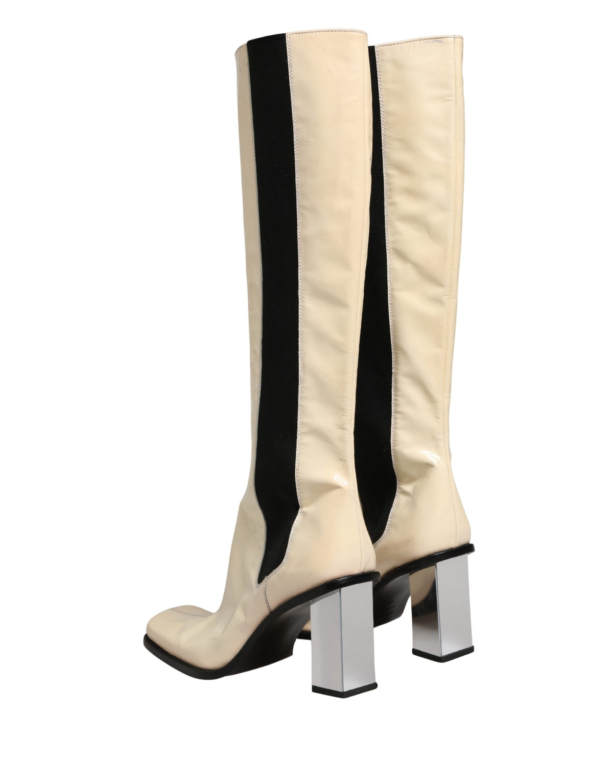 White Black Leather Knee High Boots Shoes