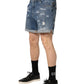 Blue Cotton Distressed Denim Bermuda Shorts
