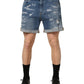Blue Cotton Distressed Denim Bermuda Shorts