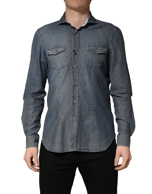 DarkBlue Long Sleeve Collared Denim Shirt