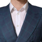 Blue Checked Double Breasted Men Suit Jacket