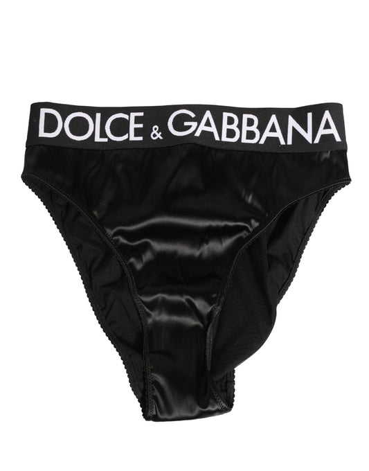 Black Satin High-Waist Brief Logo Women Underwear