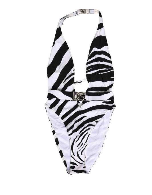 Black White Zebra Deep V-Neck One Piece Swimwear