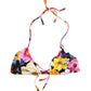 Black Floral Print Nylon Halter Bikini Top Swimwear