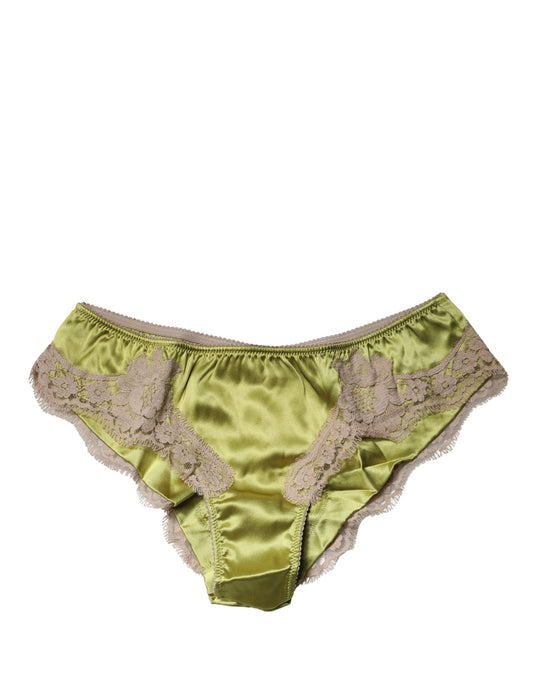 Underwear Green Silk Satin Floral Lace Panty Brief