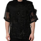 Black Floral Applique Sheer Short Sleeve Shirt