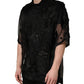 Black Floral Applique Sheer Short Sleeve Shirt