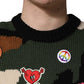 Multicolor Intarsia Knit Camouflage Pullover Sweater