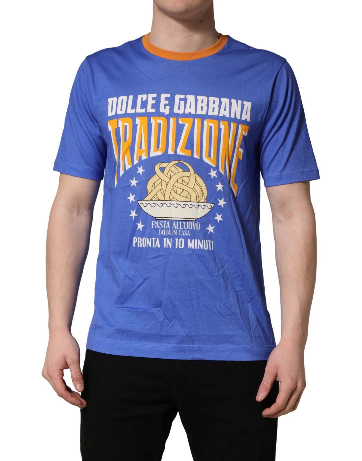 Blue Pasta Graphic Print Cotton Men Crewneck T-shirt