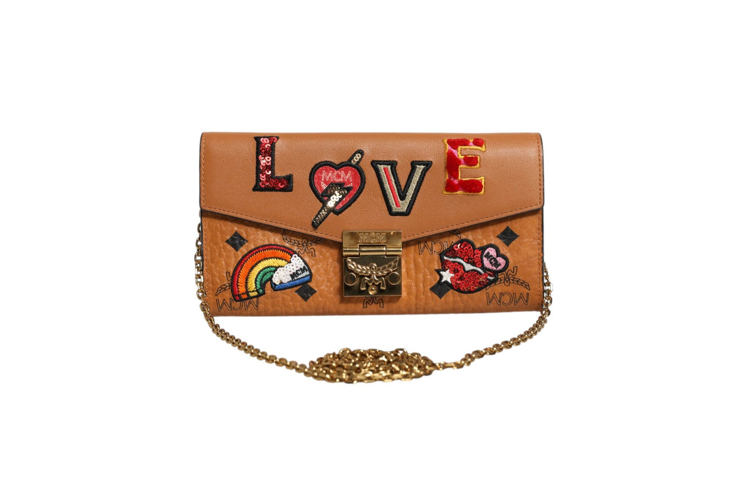 Cognac Brown Coated Canvas Visetos Patricia Love Patch Wallet-on-chain