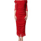 Red Cotton Ruched Stretch Tulle Midi Dress