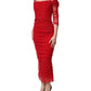 Red Cotton Ruched Stretch Tulle Midi Dress