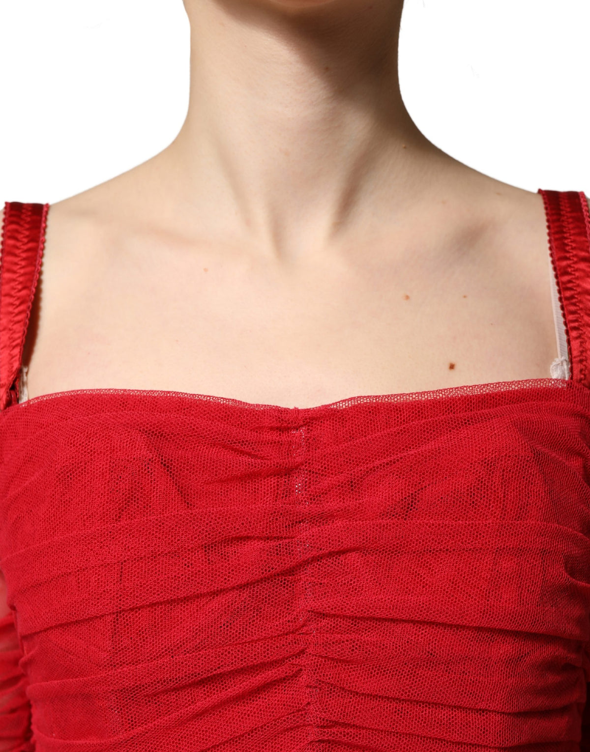 Red Cotton Ruched Stretch Tulle Midi Dress