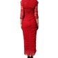 Red Cotton Ruched Stretch Tulle Midi Dress