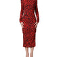 Red Leopard Print Long Sleeves Midi Dress