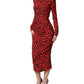 Red Leopard Print Long Sleeves Midi Dress