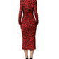 Red Leopard Print Long Sleeves Midi Dress