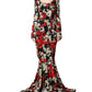 Black Floral Silk Long Sleeves Gown Dress