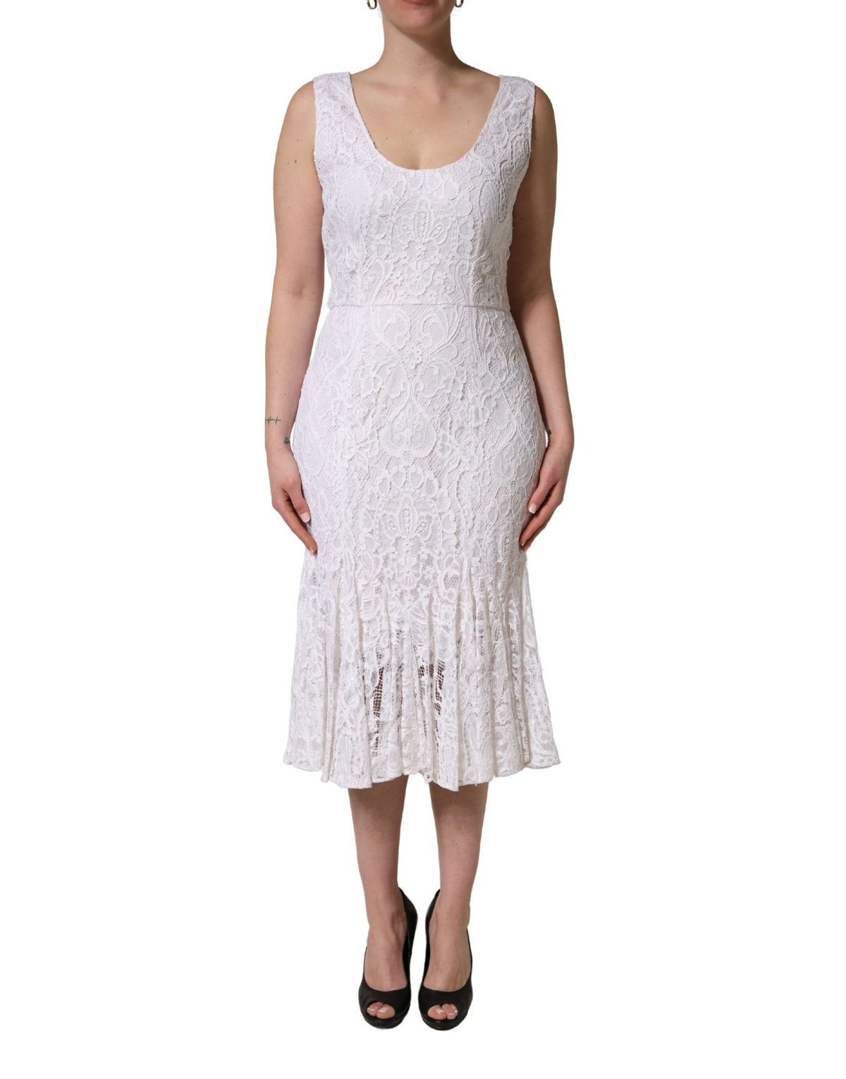White Floral Lace Sleeveless Midi Dress
