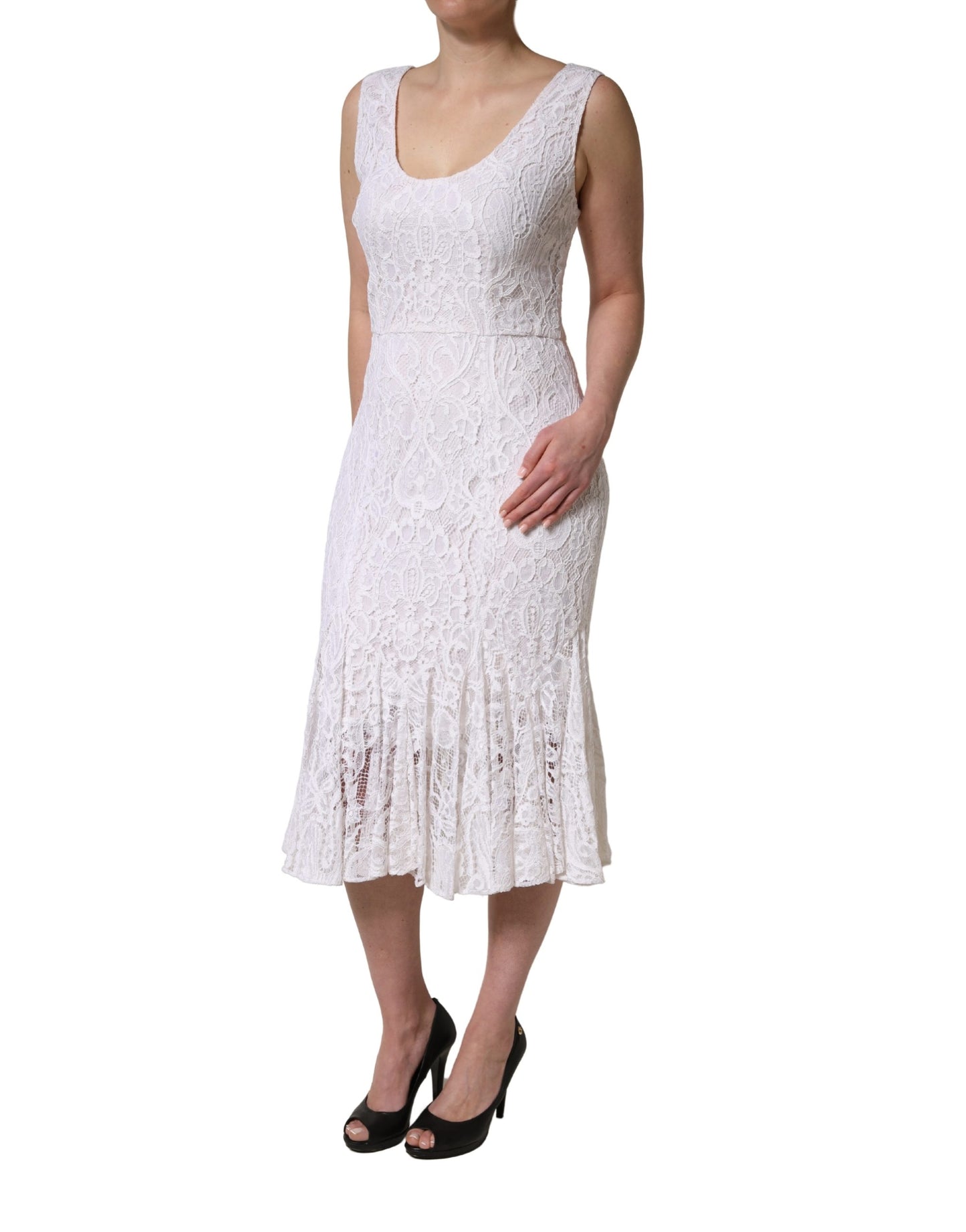 White Floral Lace Sleeveless Midi Dress