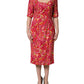 Red Paisley Floral Print Sheath Midi Dress