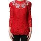 Red Lace Floral Embroidery Long Sleeves Top