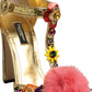 Gold Fur Trim Glitter T-strap Sandals Shoes