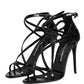 Black Leather Stiletto Heel Sandals Shoes