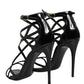 Black Leather Stiletto Heel Sandals Shoes