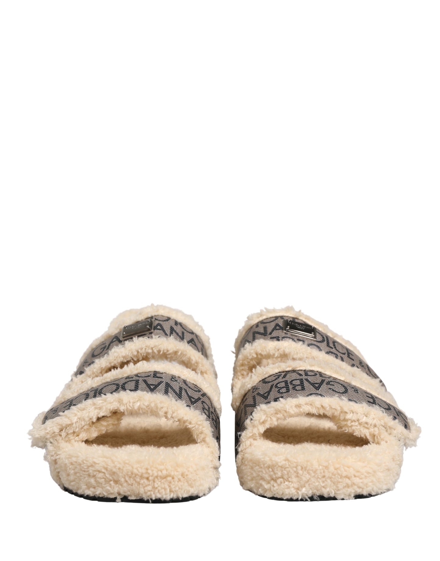 Beige Faux Fur Logo Print Flats Sandals Shoes