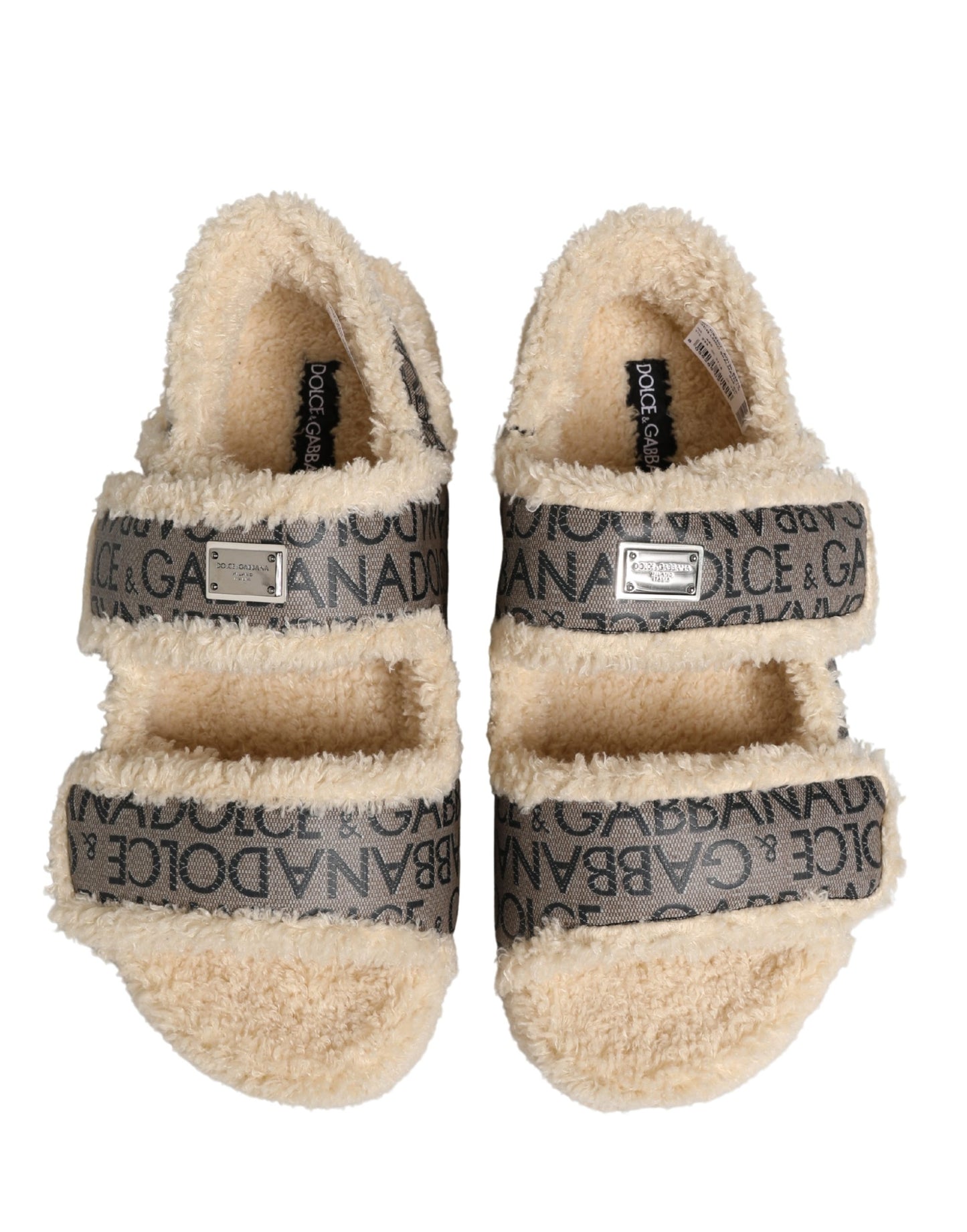 Beige Faux Fur Logo Print Flats Sandals Shoes