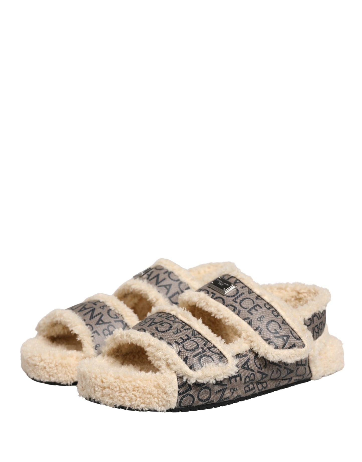 Beige Faux Fur Logo Print Flats Sandals Shoes