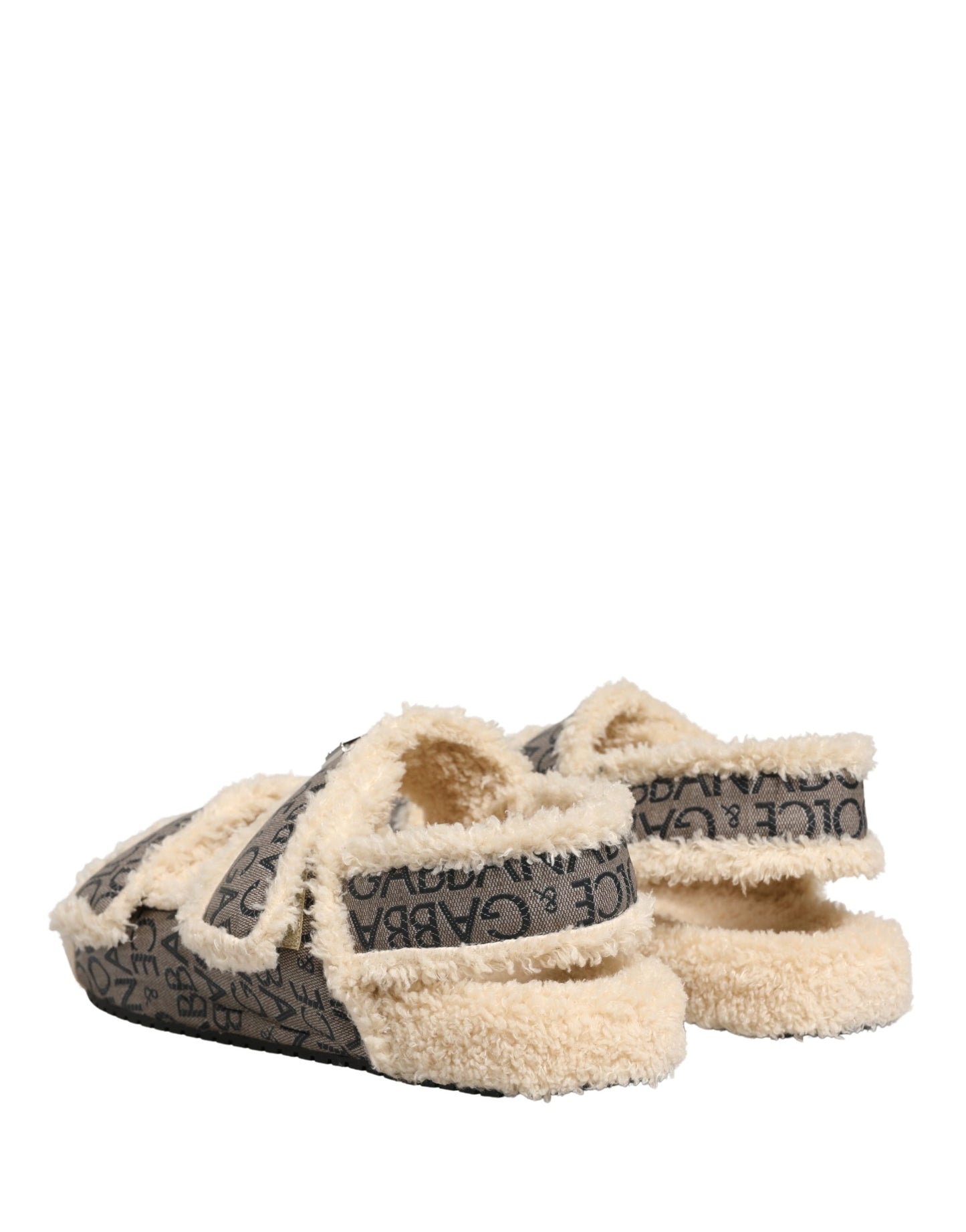 Beige Faux Fur Logo Print Flats Sandals Shoes