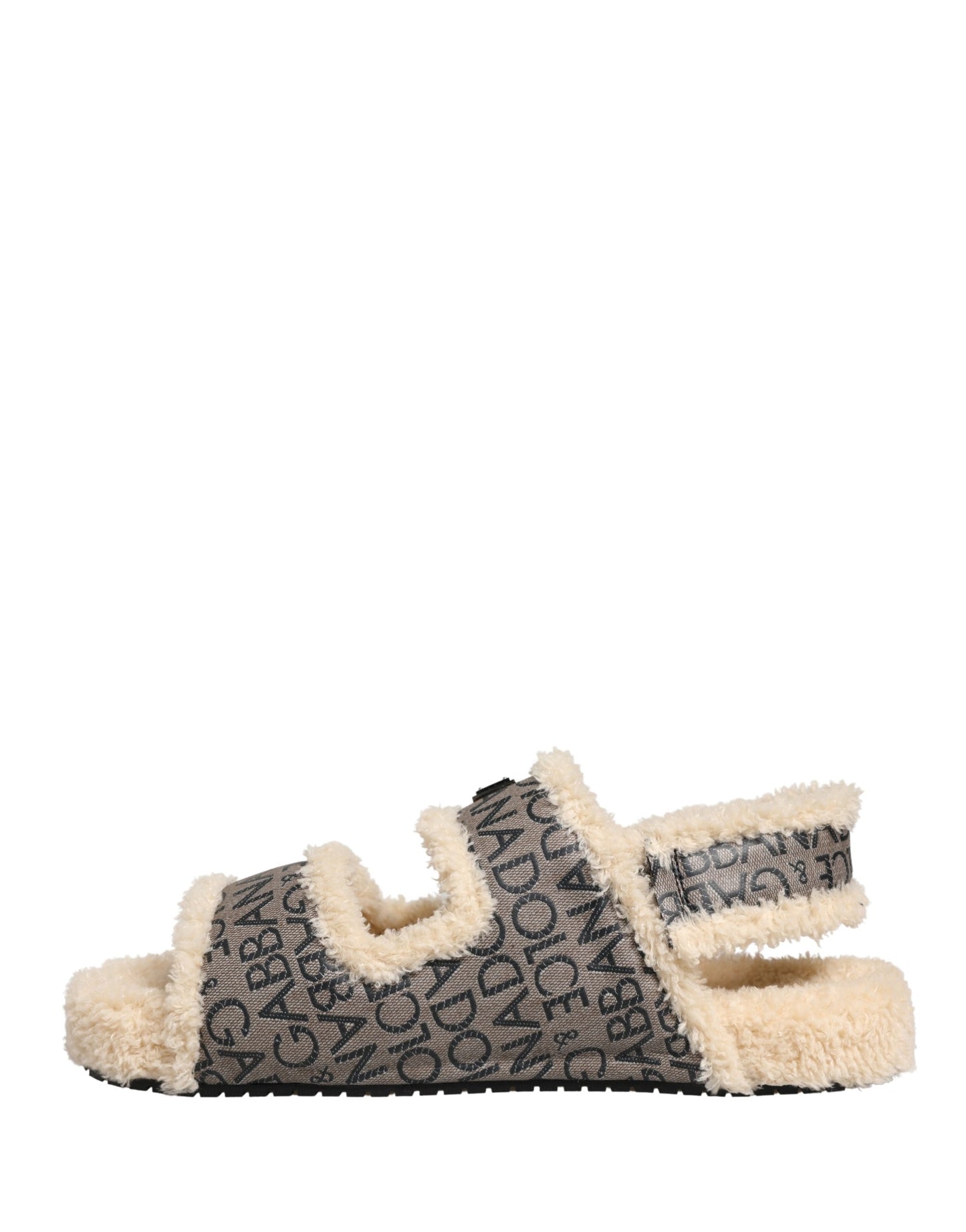 Beige Faux Fur Logo Print Flats Sandals Shoes