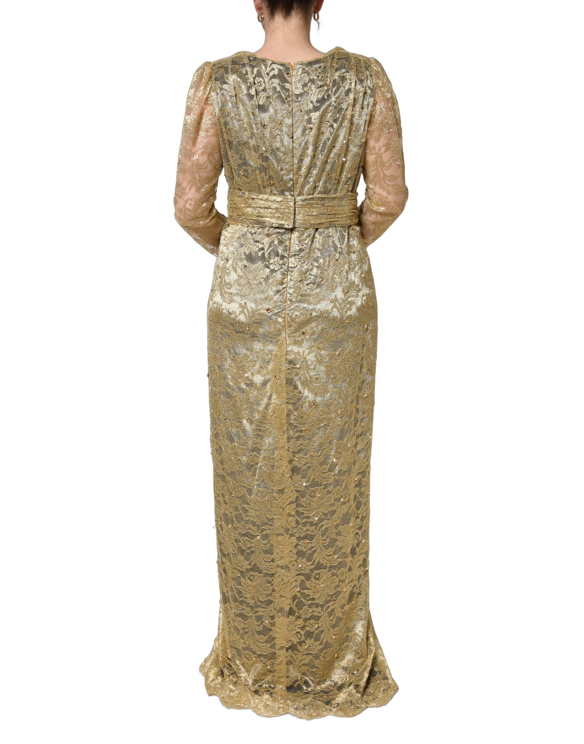 Gold Sheer Lace Crystal Embellished Dress