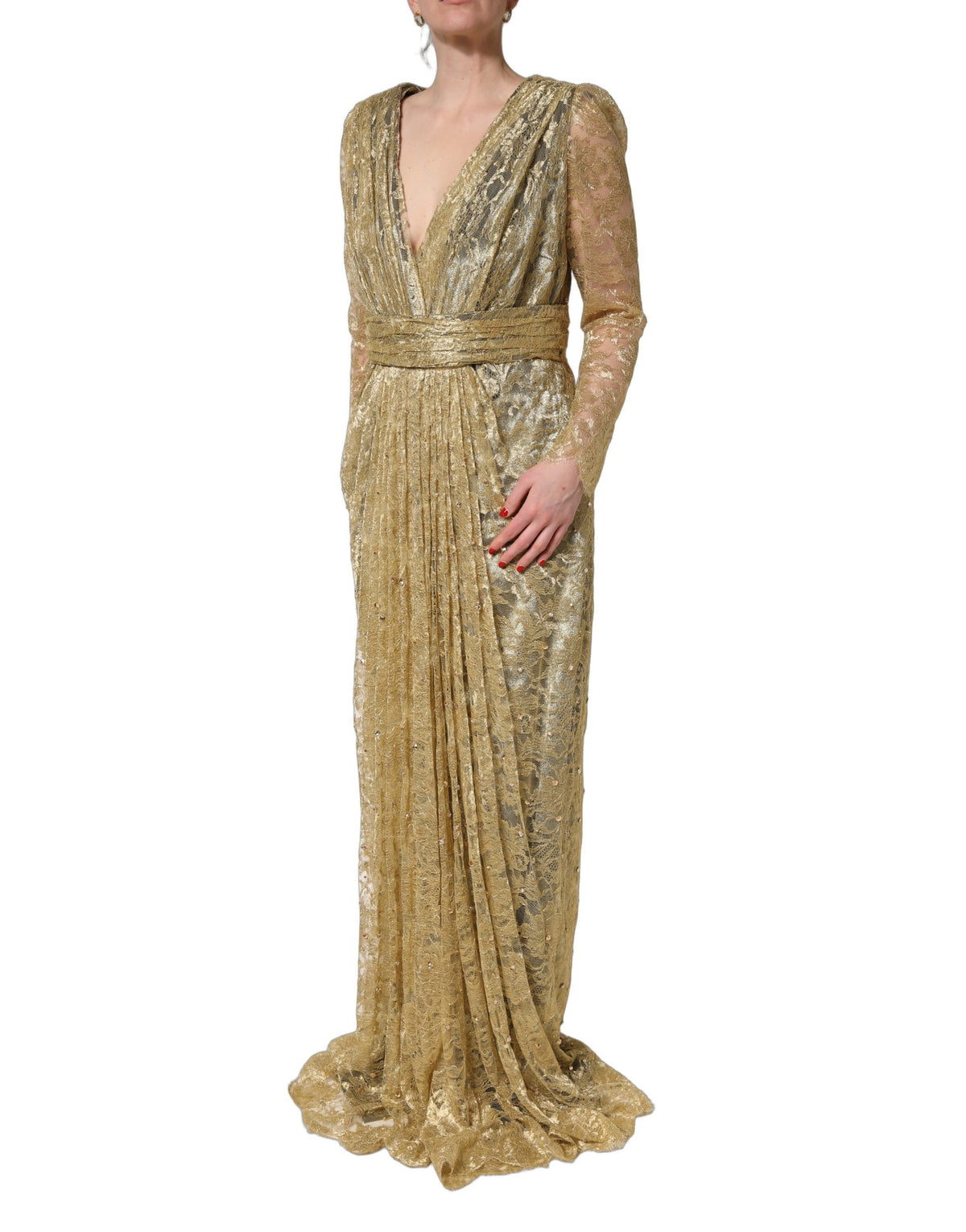 Gold Sheer Lace Crystal Embellished Dress