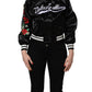 Black Satin Floral Embroidery Bomber Jacket